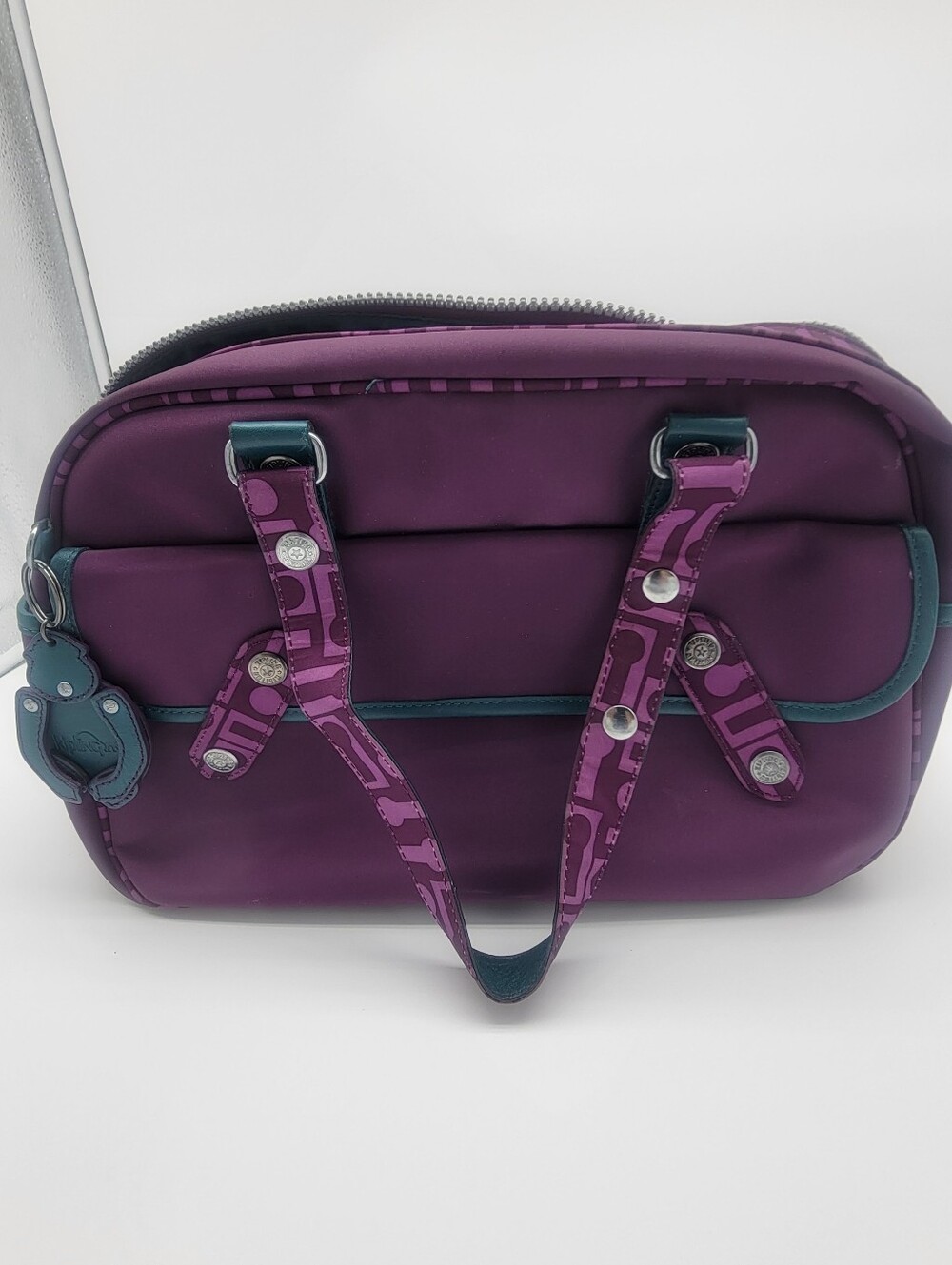 Kipling Deep Plum Shoulder Bag with Teal Trim and Patterned Straps